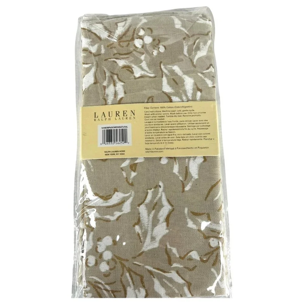 New Ralph Lauren Bowen Natural‎ Cloth Napkin Beige White Set Of 4 Holly Pinecone